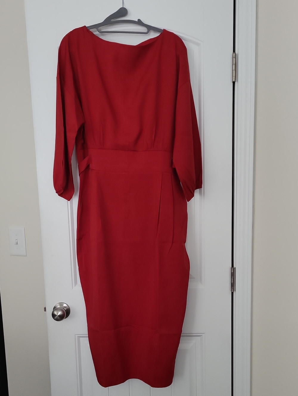 Classic Red Midi Dress with Waist Detail